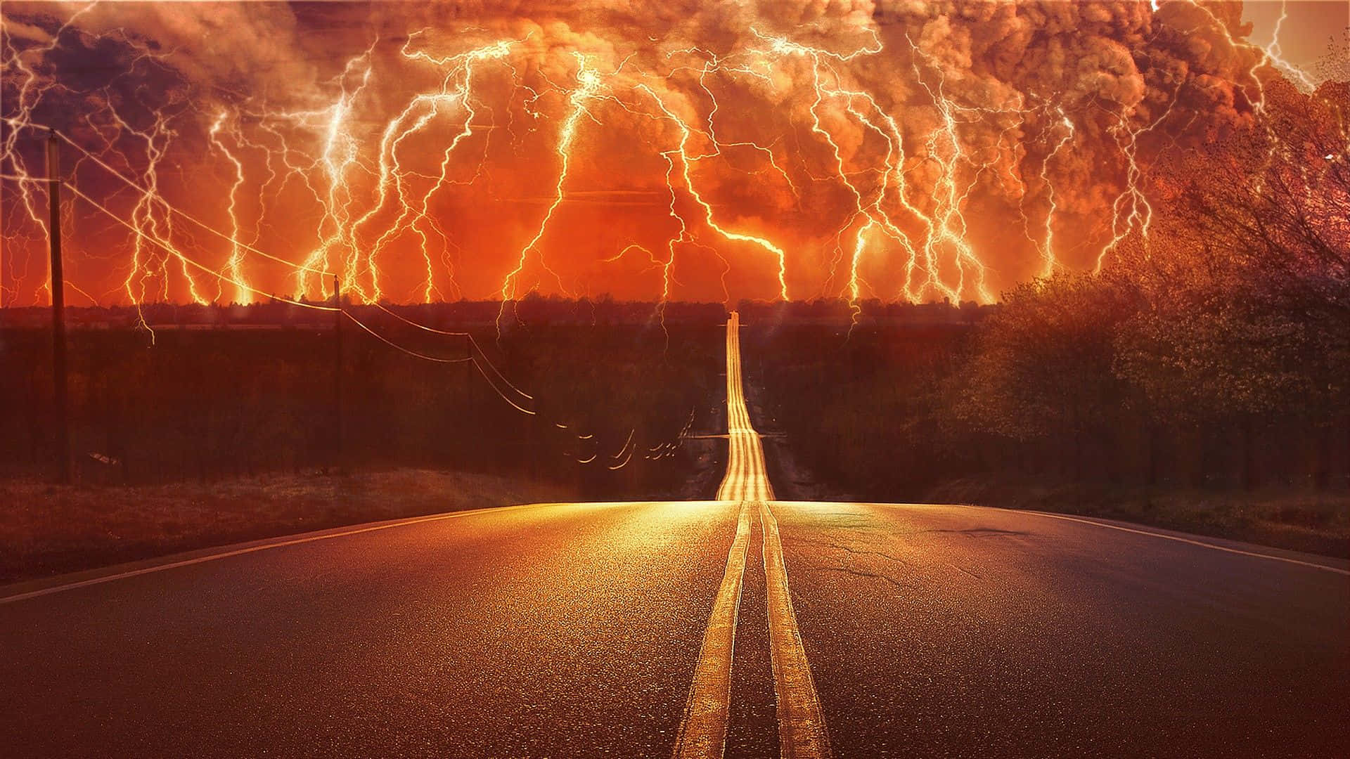 Red Lightning Road Stormy Sky Background