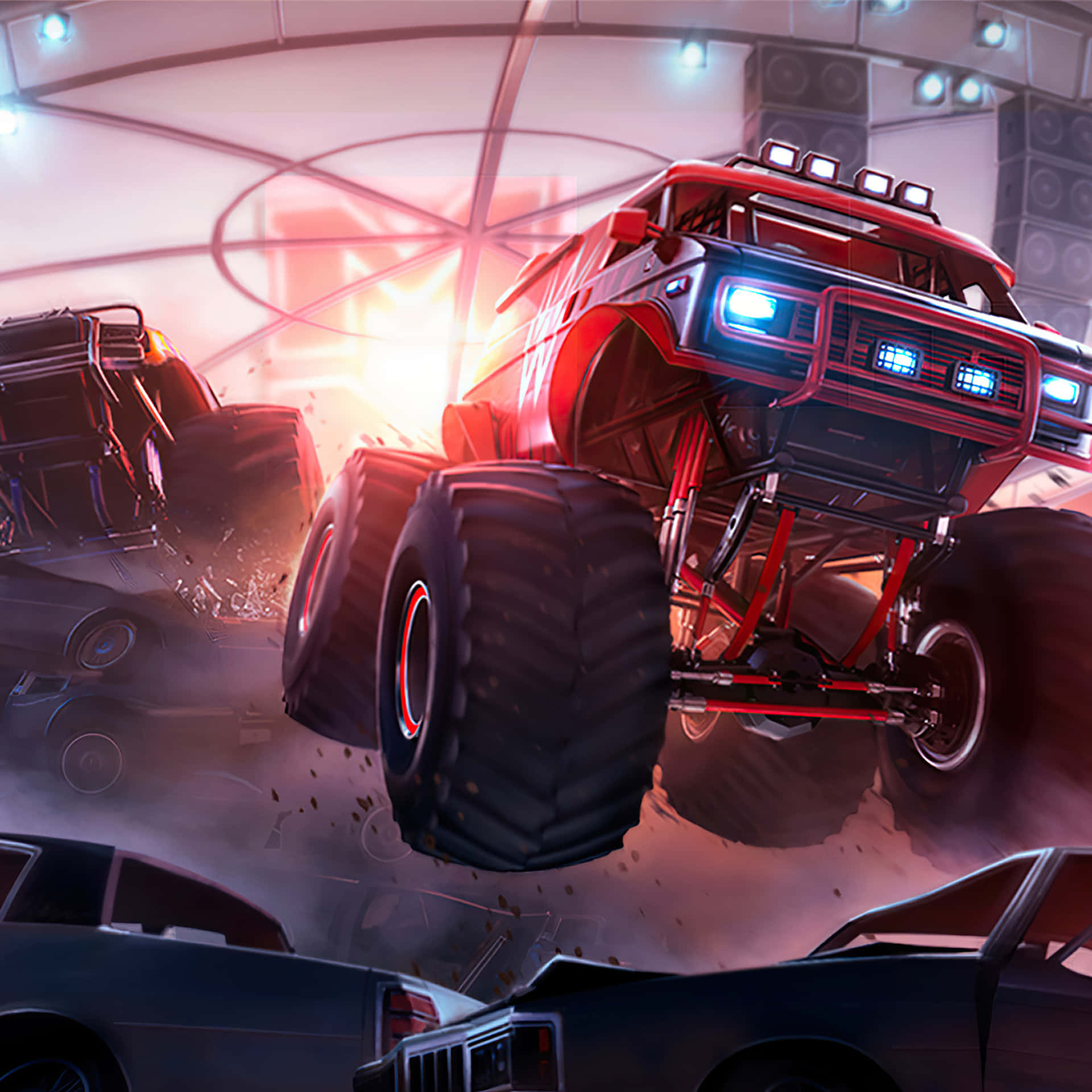 Red Monster Truck On Top Of Cars Background