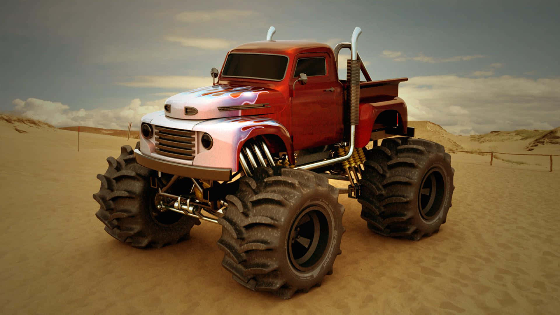 Red Monster Truck With White And Blue Flame Background