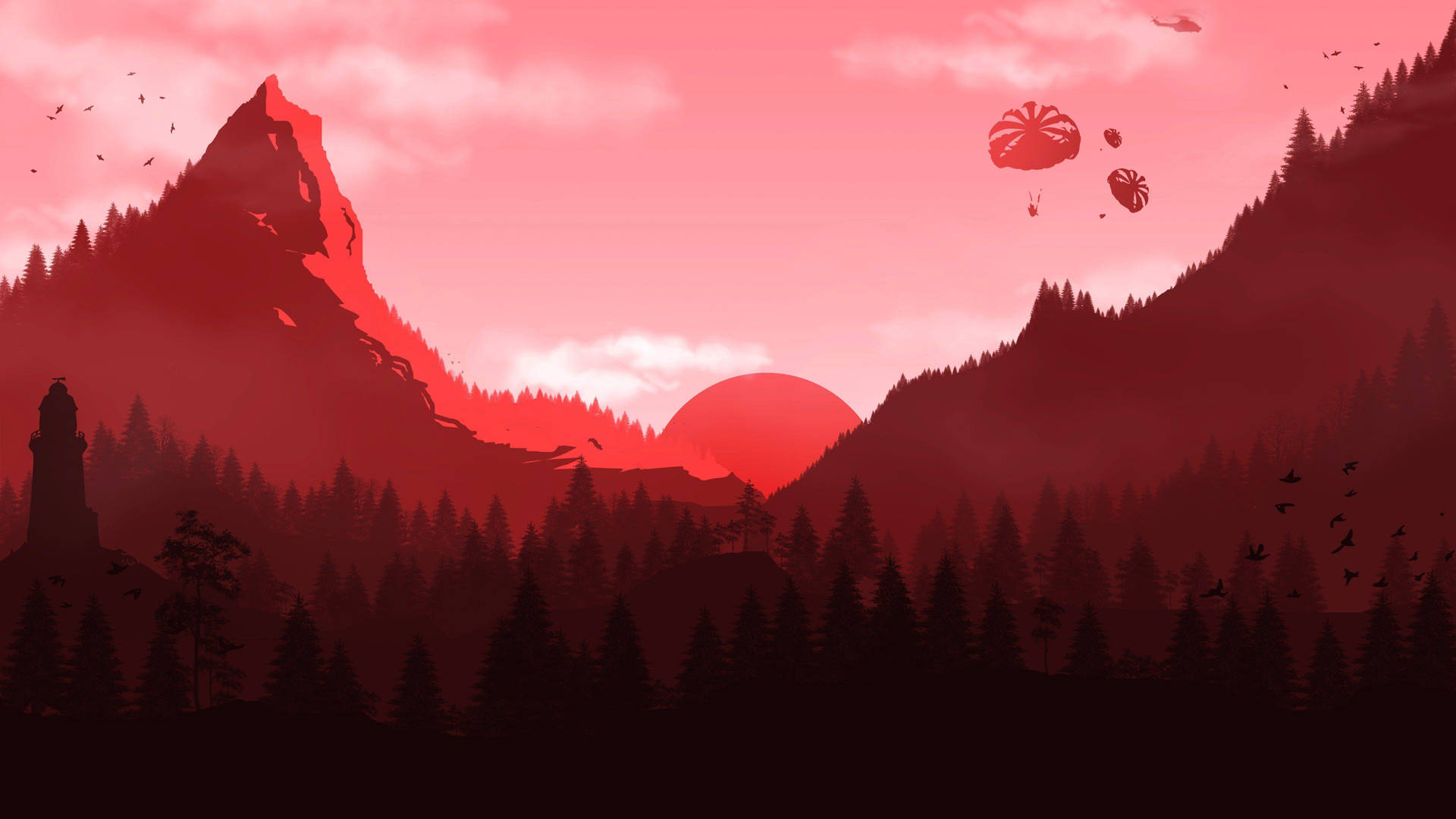 Red Mountain With Parachutes Background