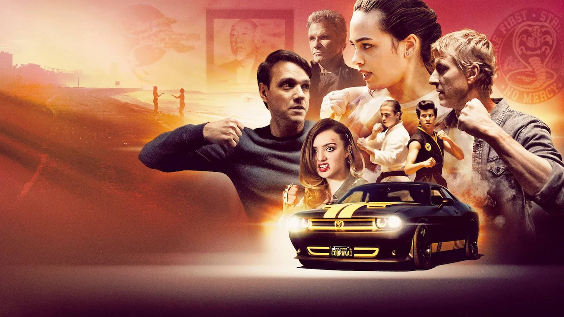 Red Mustang Car In Cobra Kai Style Background