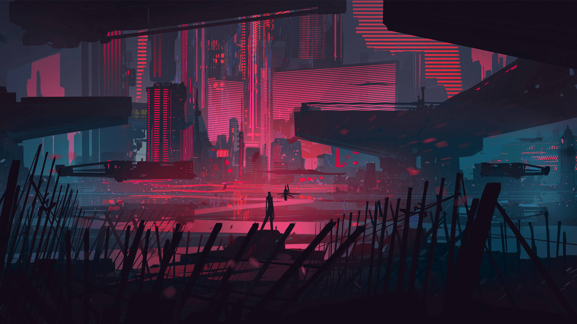 Red Neon City Outskirt Background