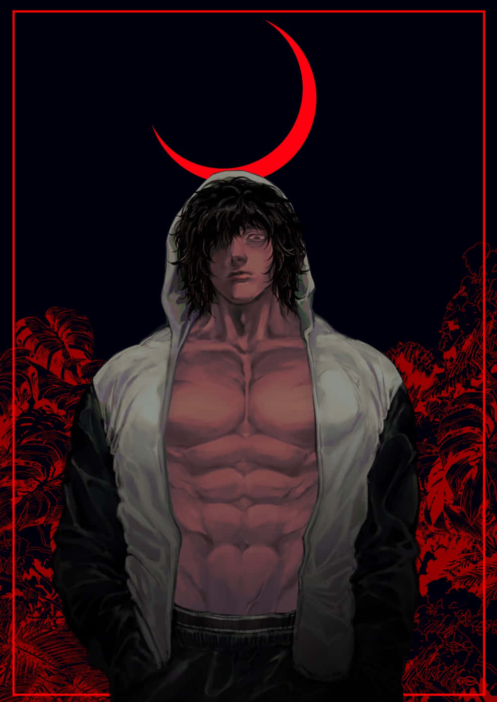 Red Ohma Tokita On Red Crescent Moon Background