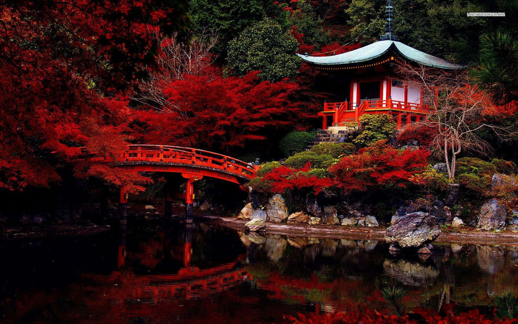 Red Pagoda In A Pond With Trees Background