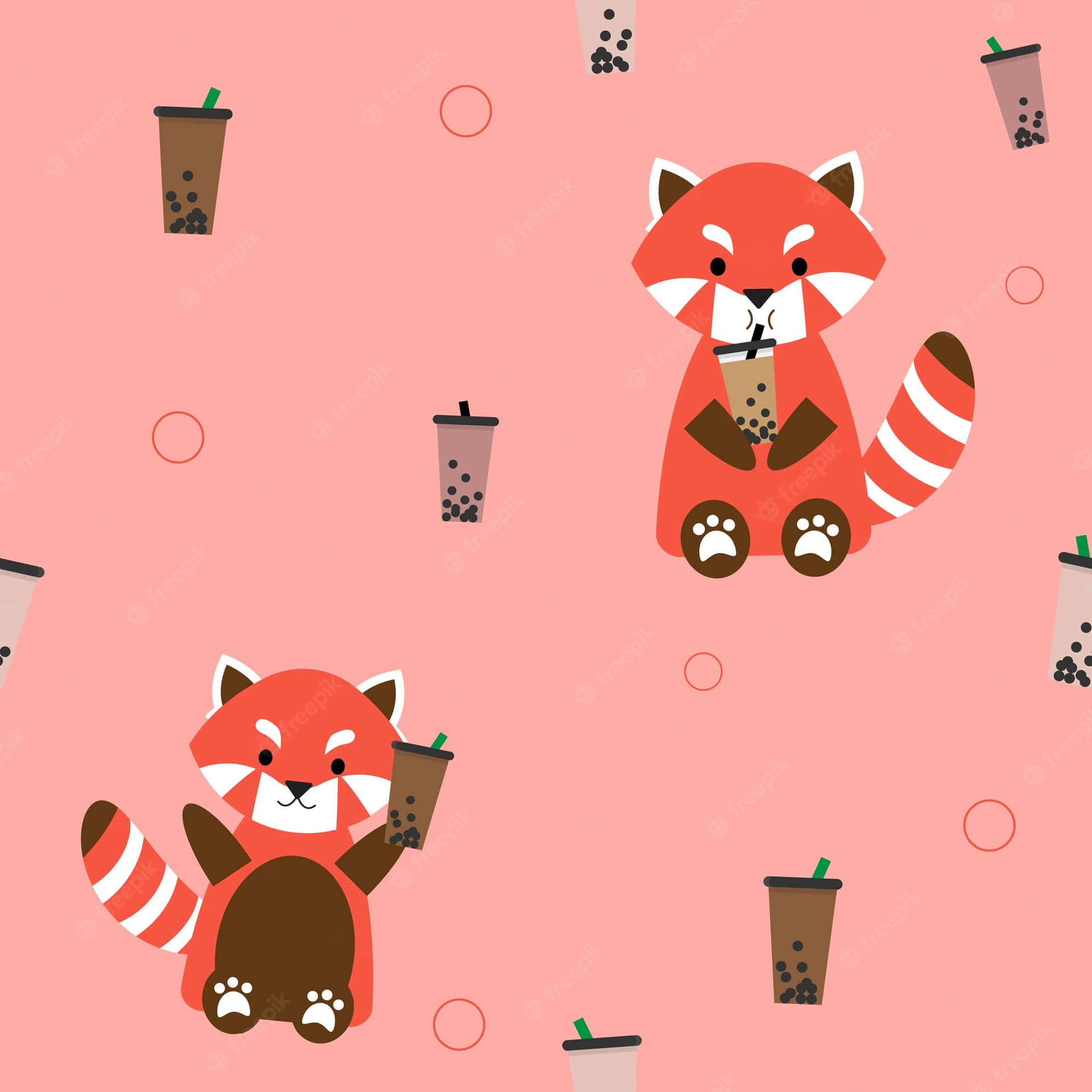 Red Panda And Boba Tea Pattern Background