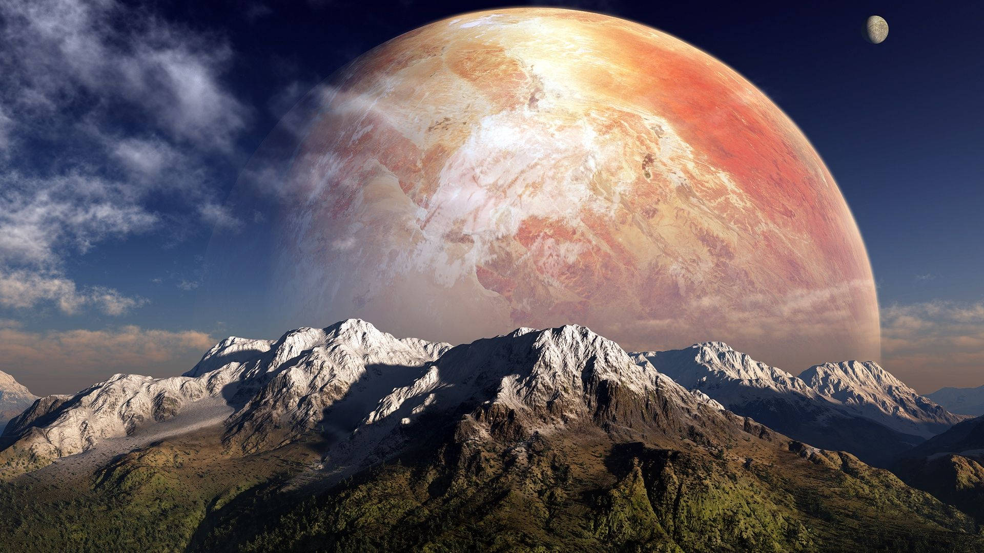 Red Planet Over Mountain Range Background