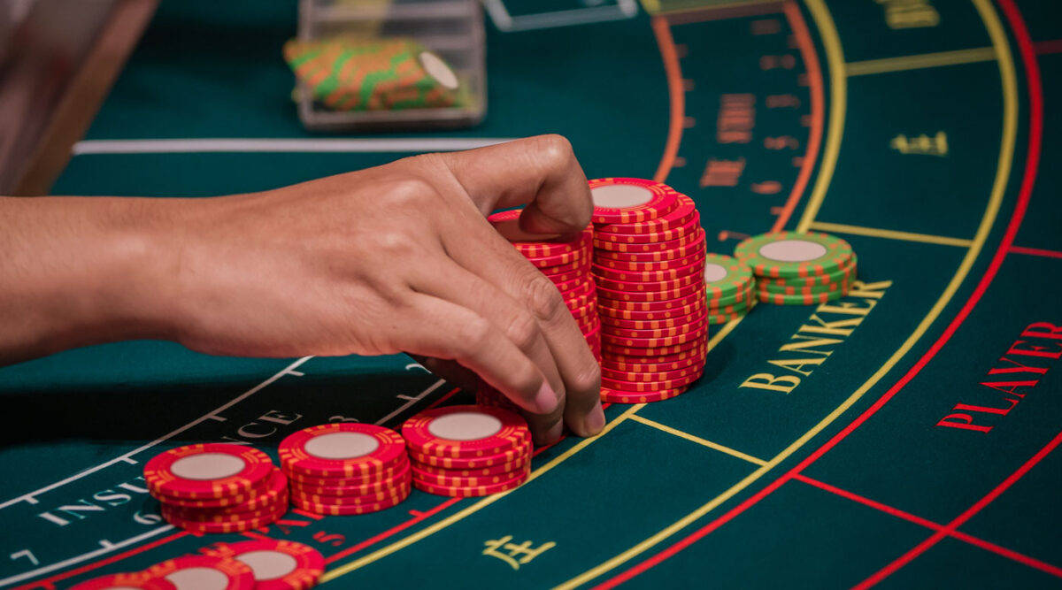 Red Poker Chips Worth $5 Casino Baccarat Table Game Background