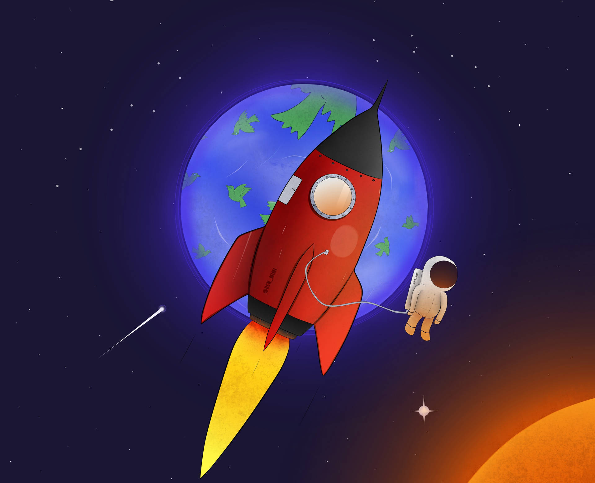 Red Rocket Ship With Astronaut Background