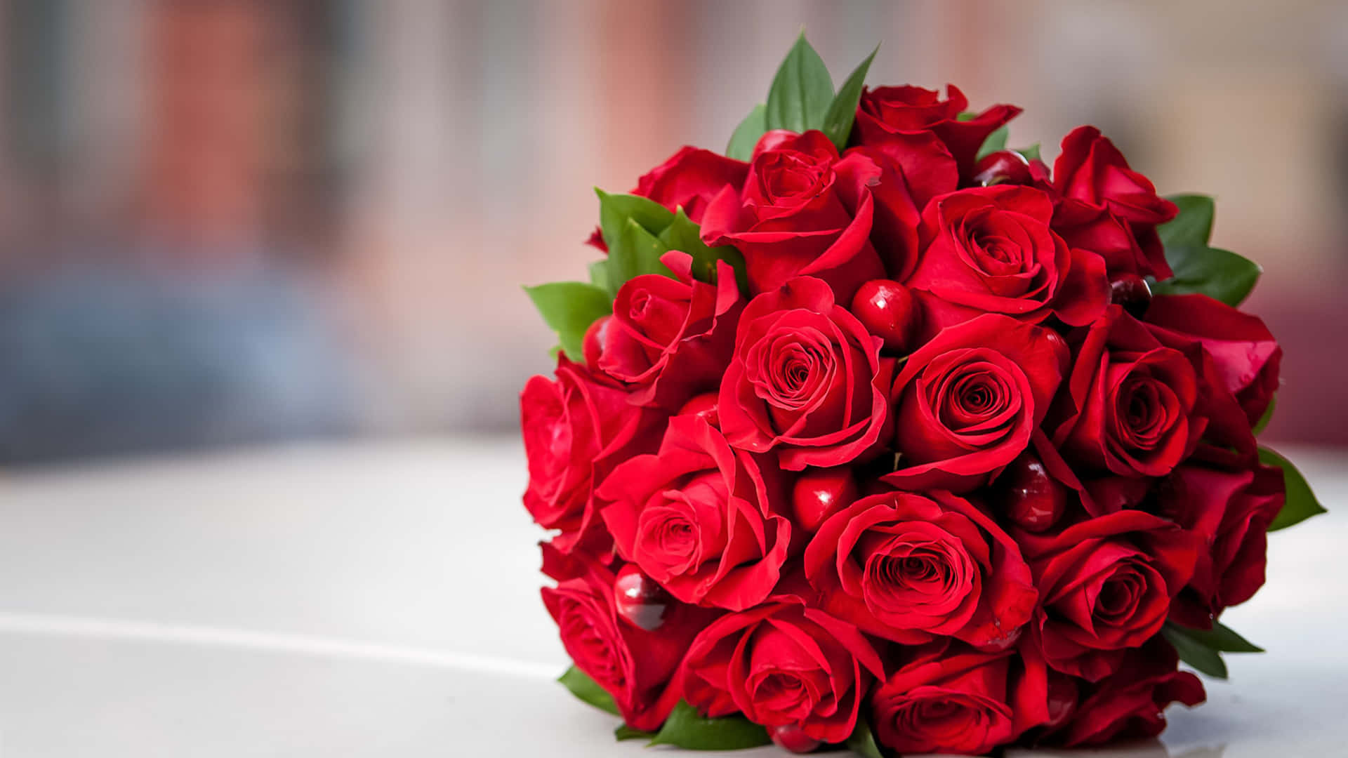 Red Rose Bouquet With Red Balls Decoration Background