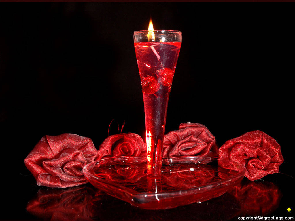 Red Roses And Candle For Valentine's Day