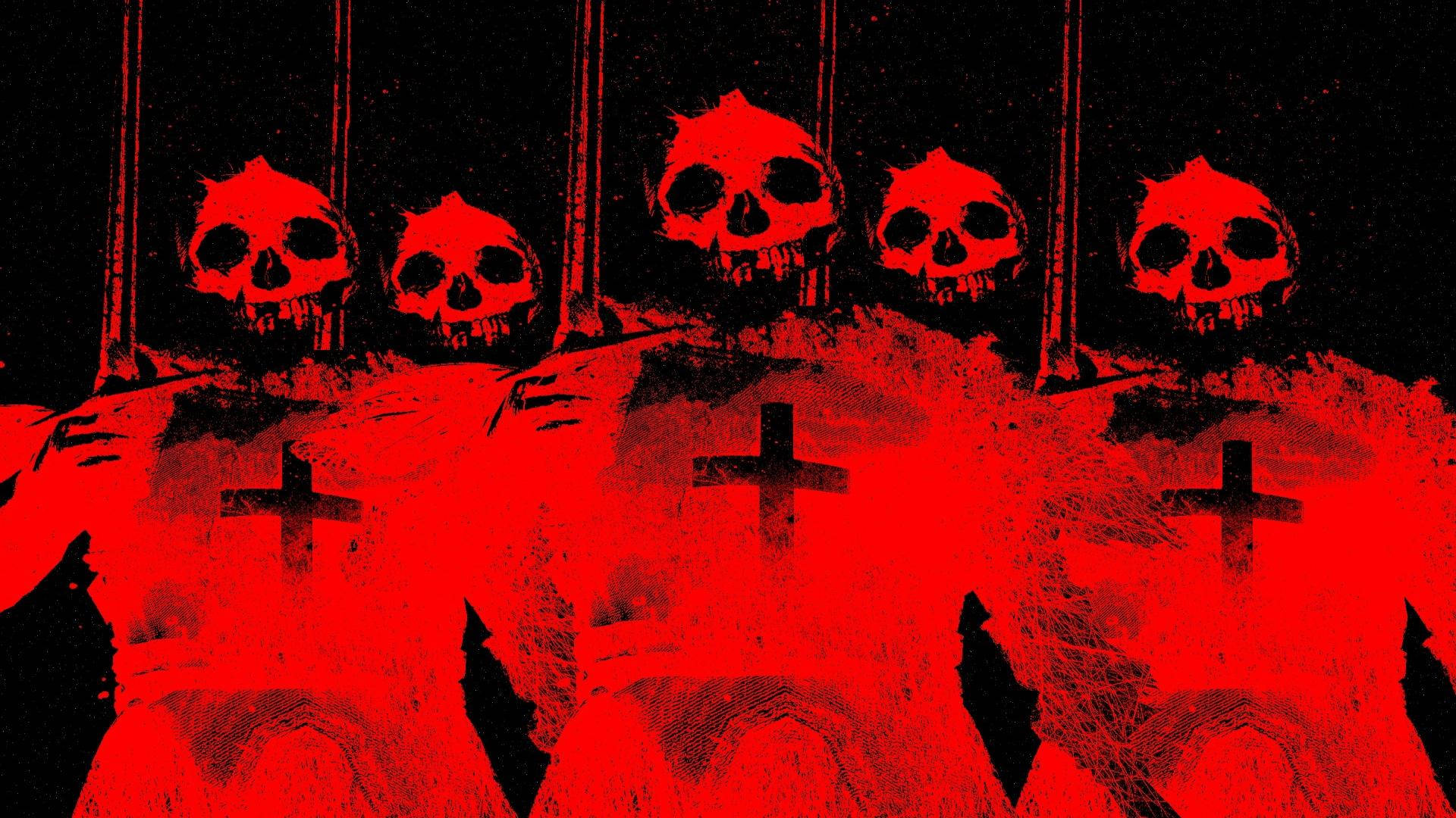 Red Satanic Poster With Skulls Background