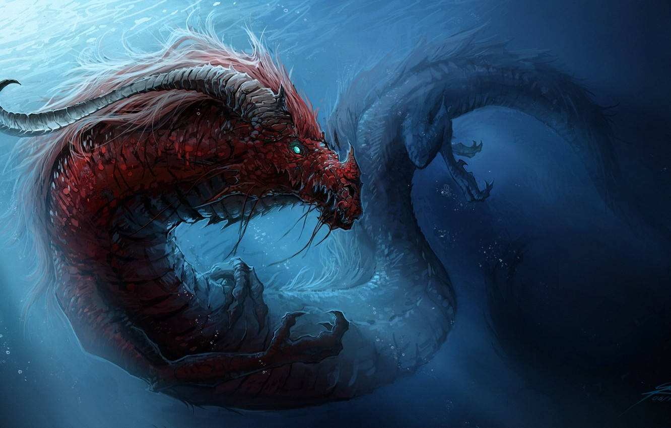 Red Snake Water Dragon In Ocean Background