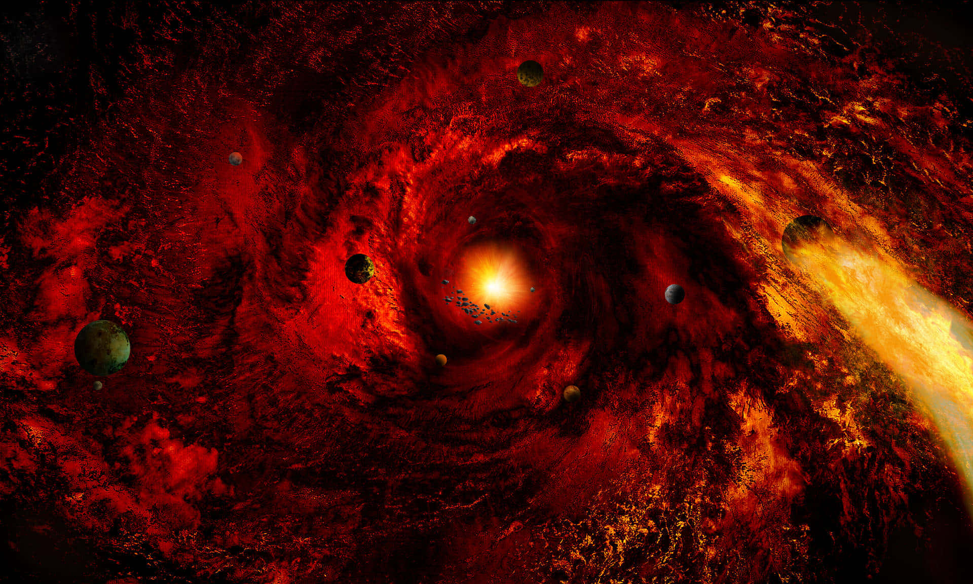 Red Space Swirling Milky Way Planets Background