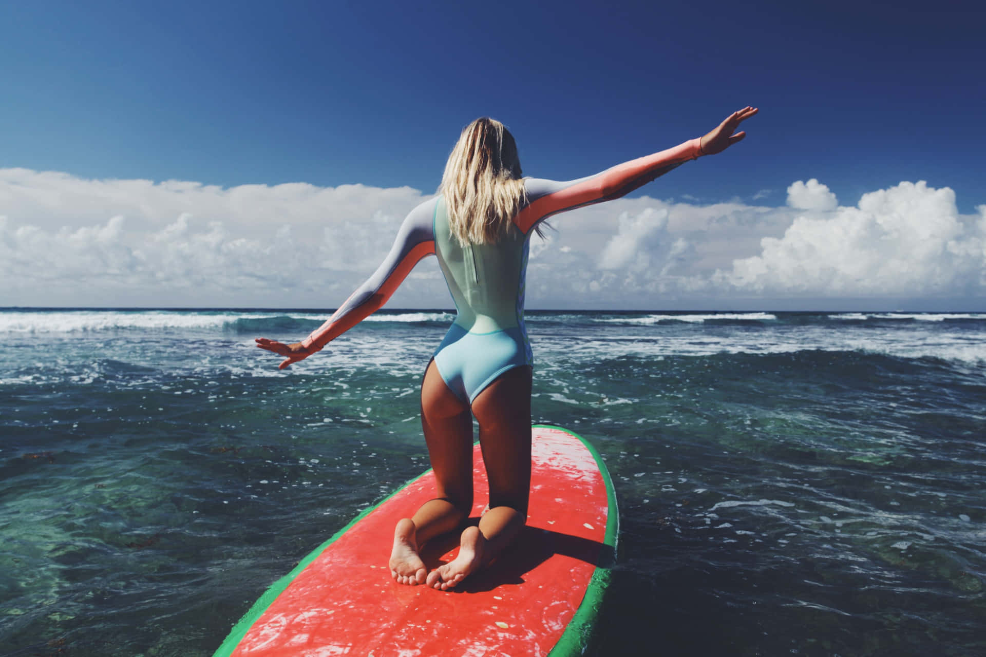 Red Surfboard Woman Background