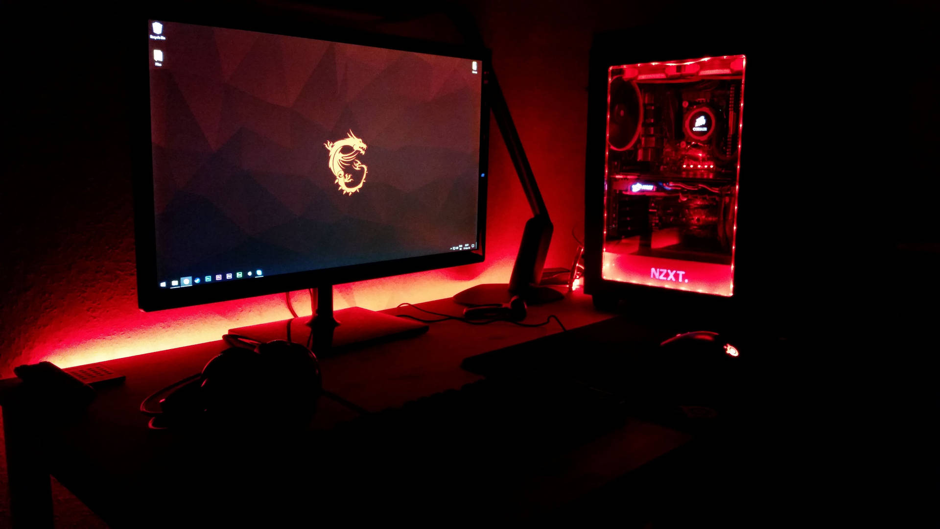 Red Themed Gaming Setup Background