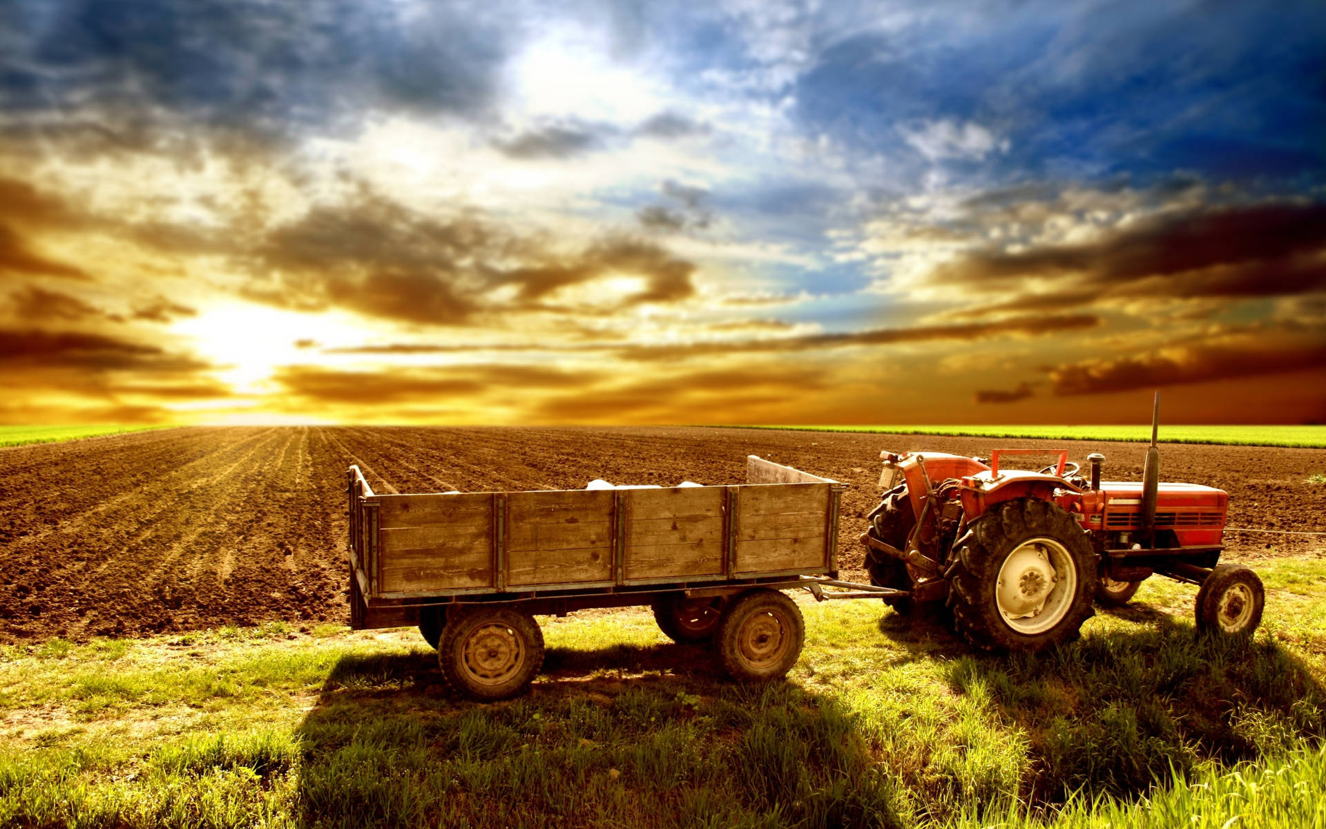 Red Tractor With Farm Cart Background