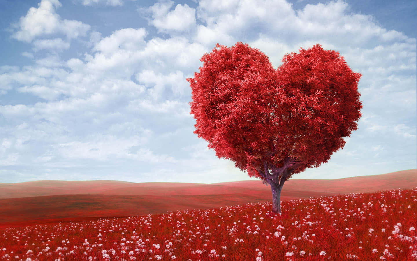 Red Tree Against A Blue Sky Background