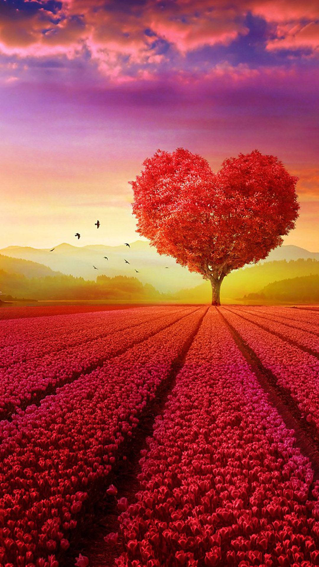 Red Tree And Field Nature Love Background