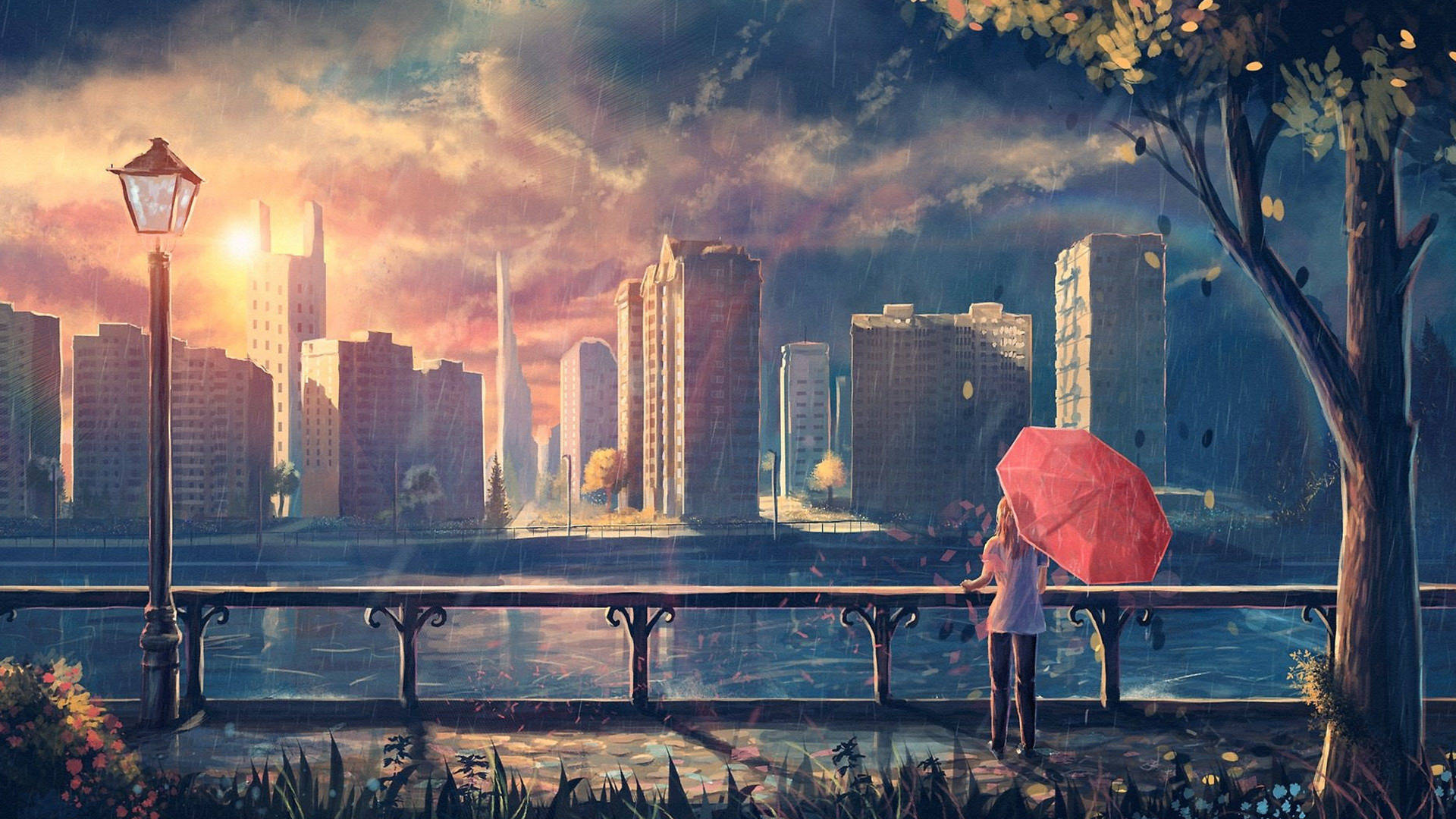 Red Umbrella Anime City Background Background