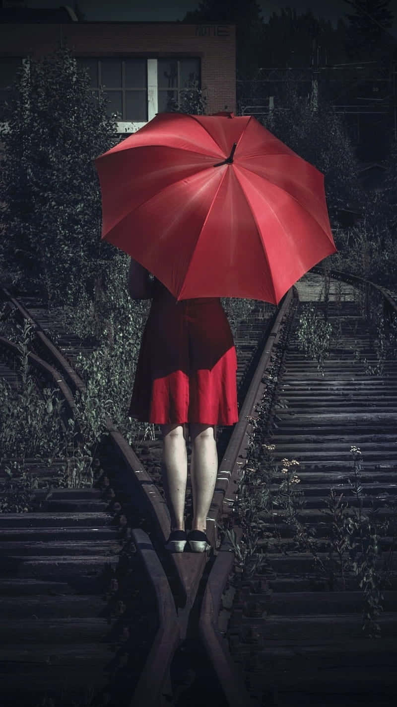 Red Umbrella Mystery Woman Railroad Background