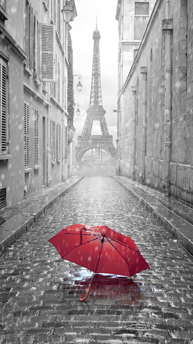 Red Umbrella Paris Rainy Street Background