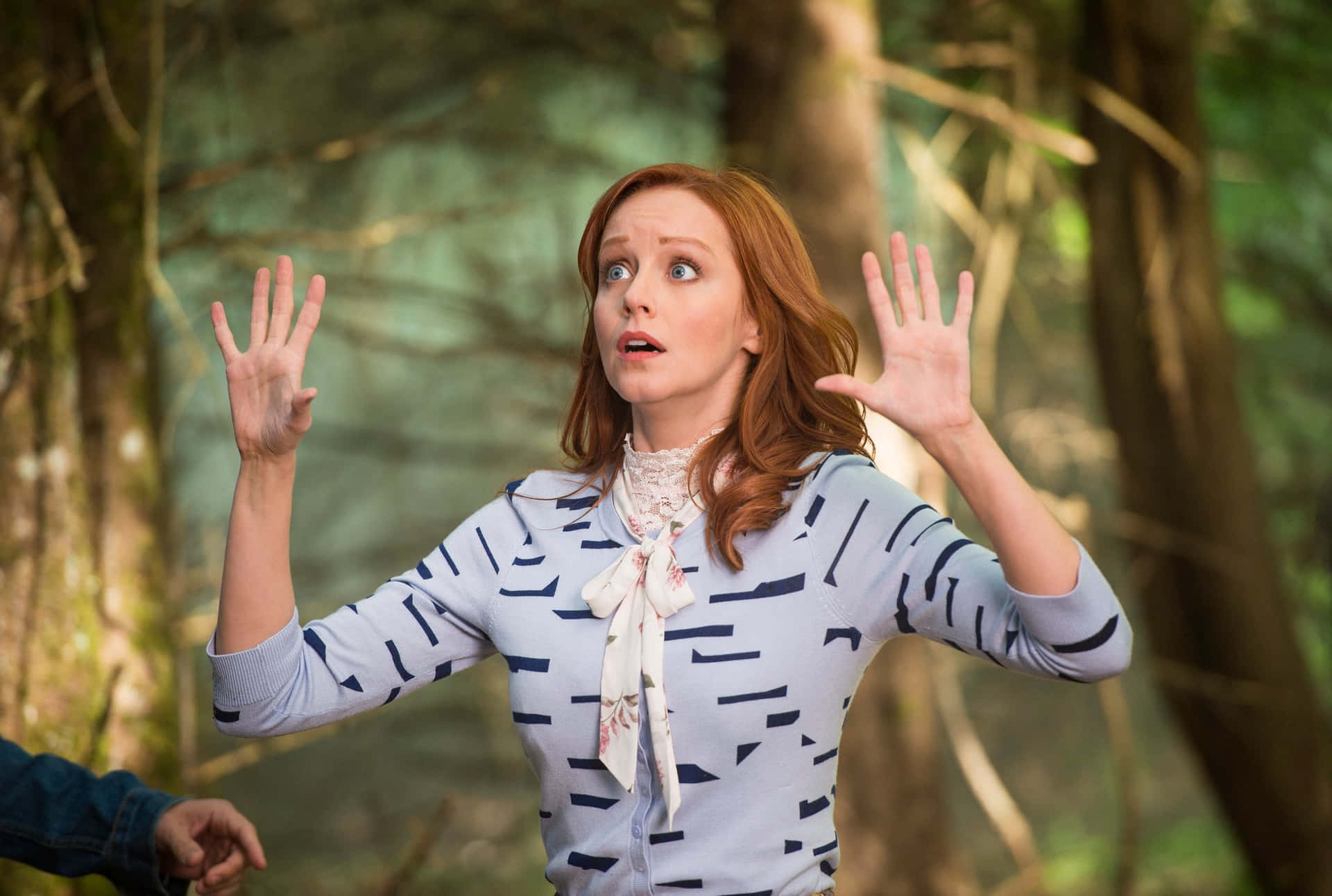 Redheaded Woman Surprised Gesture Forest Background