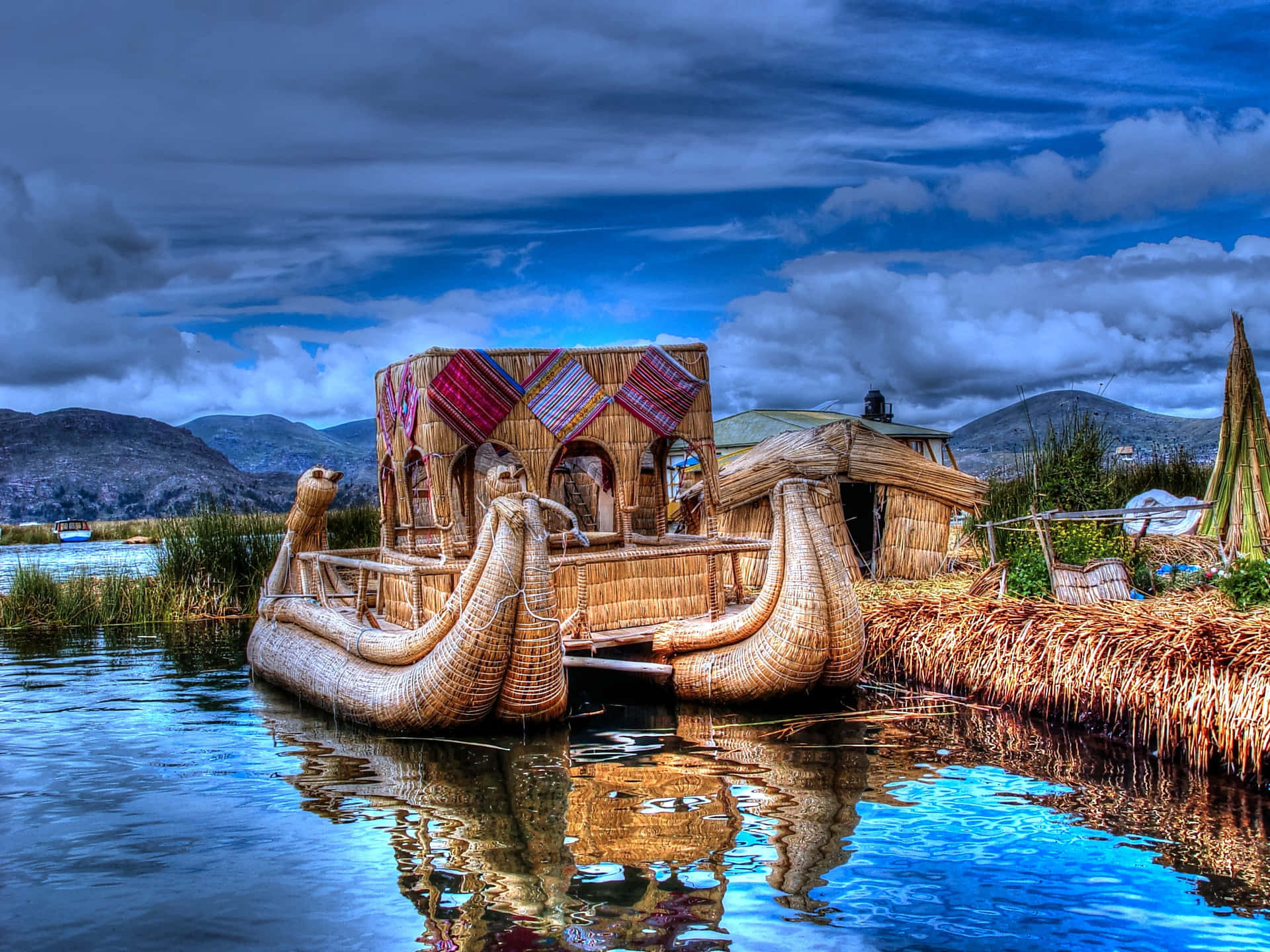 Reed Boats Beside The Floating Island Of Lake Titicaca Background
