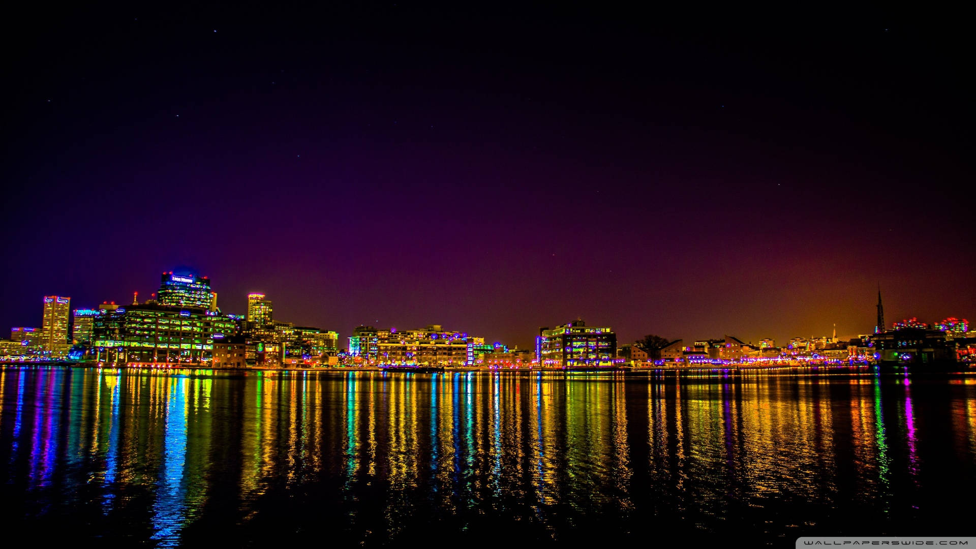 Reflection Of Colorful Lights In Baltimore Lake Background