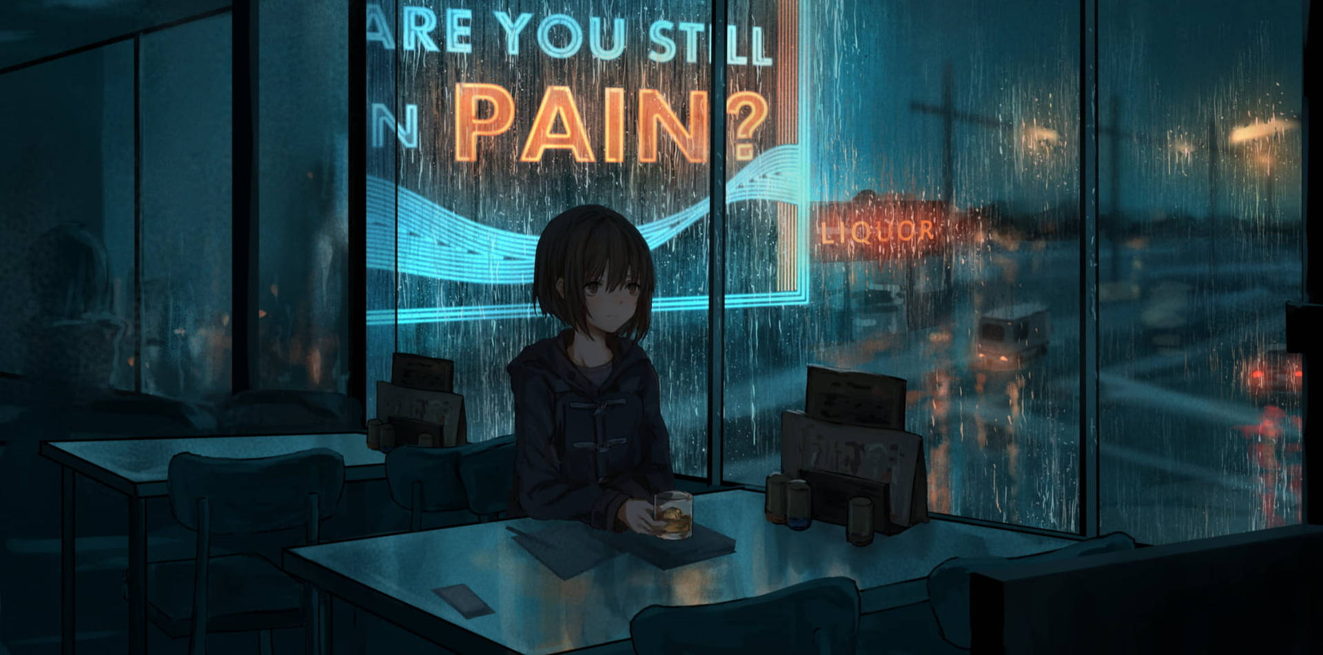 Reflective Moments - Anime Girl Sitting Alone In A Diner Background