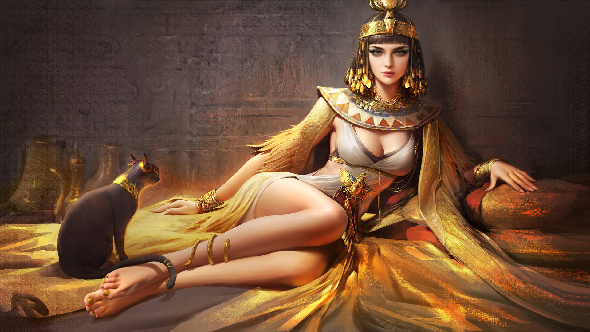 Regal Cleopatra With Cat Background