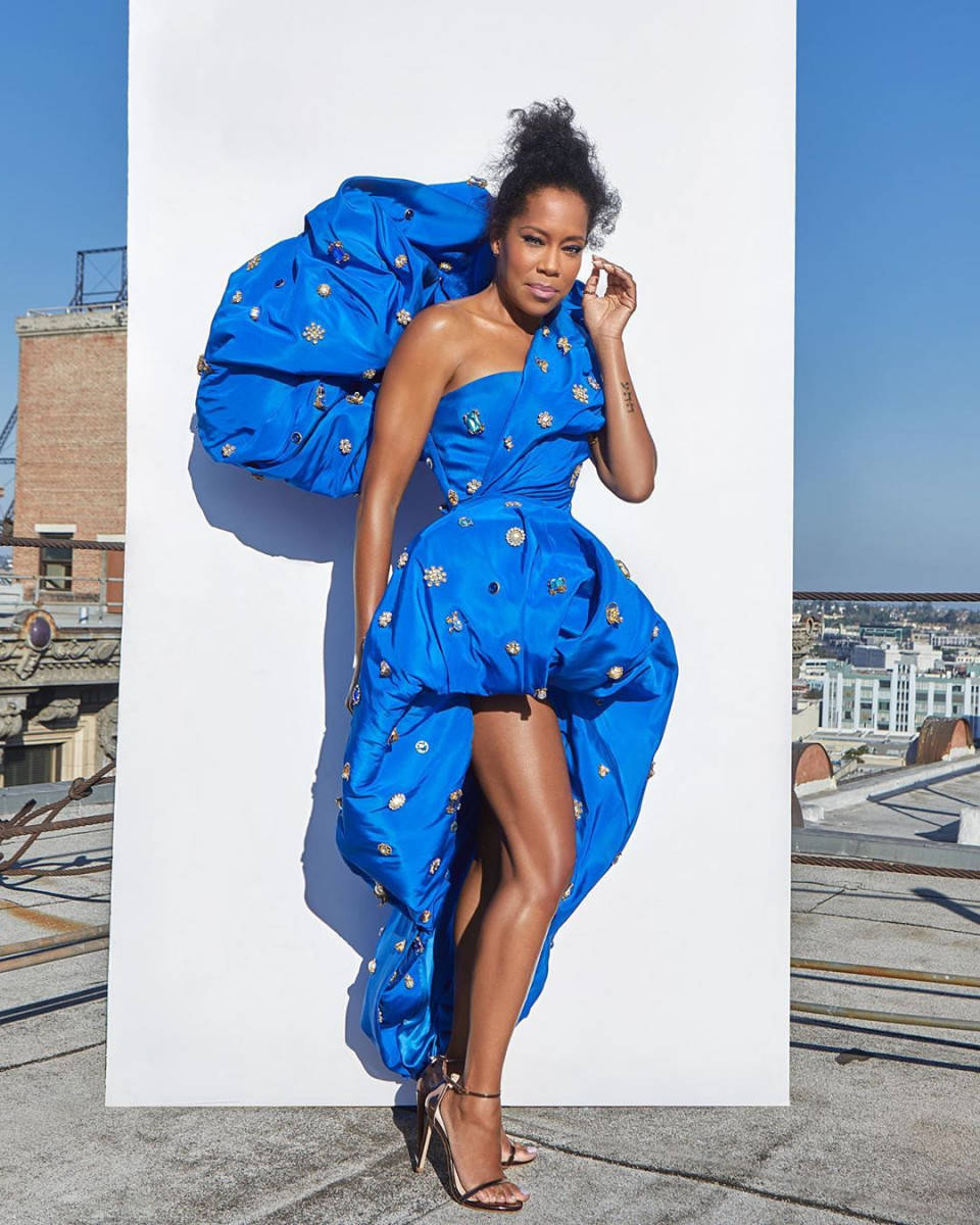 Regina King Dress Blue And White Background