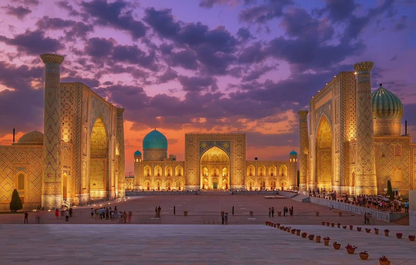 Registan Square, Samarkand - Night Illumination Background