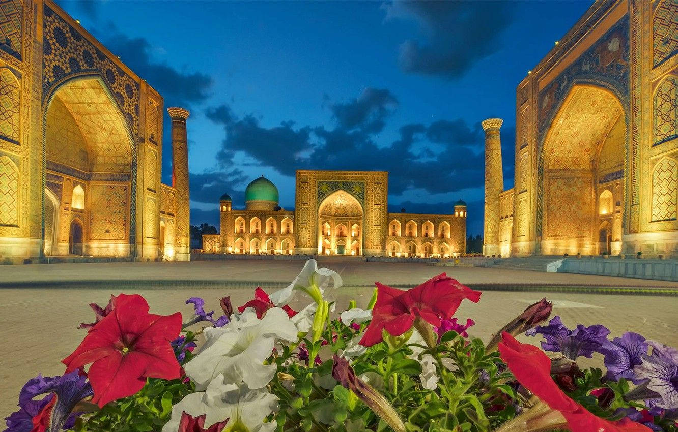 Registan Square Samarkand With Flowers Background