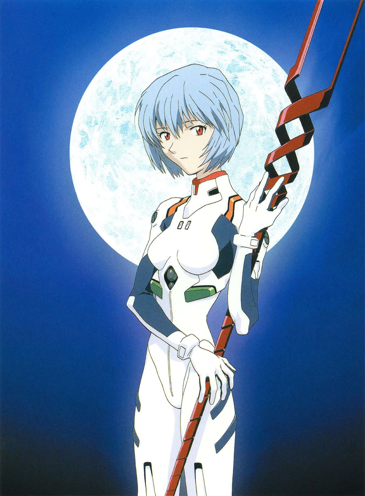 Rei Ayanami From Neon Genesis Evangelion Posing In Front Of A White Background. Background