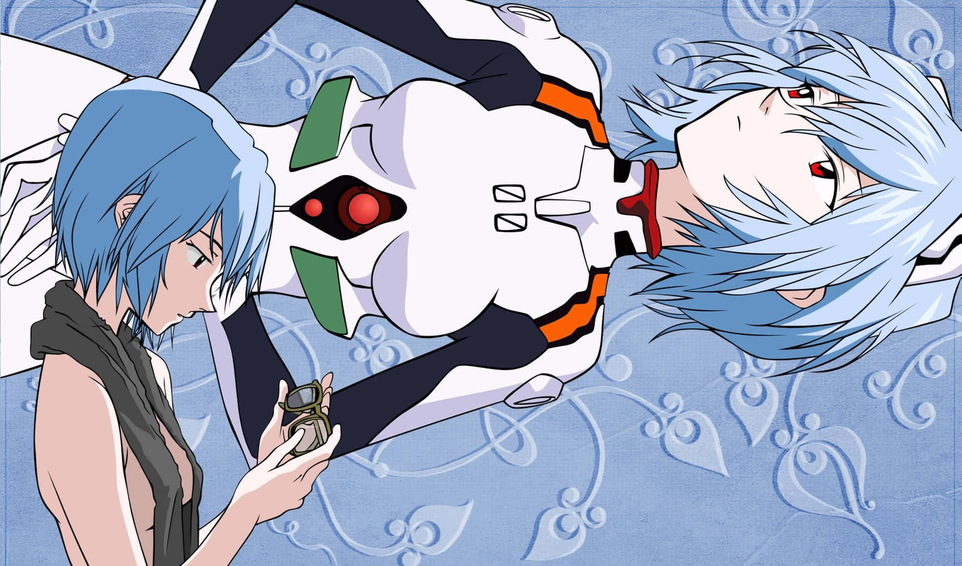 Rei Ayanami Posing In Front Of An Eva Unit