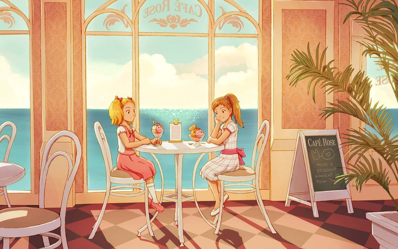 Relax And Enjoy A Coffee At Cafe Anime Background