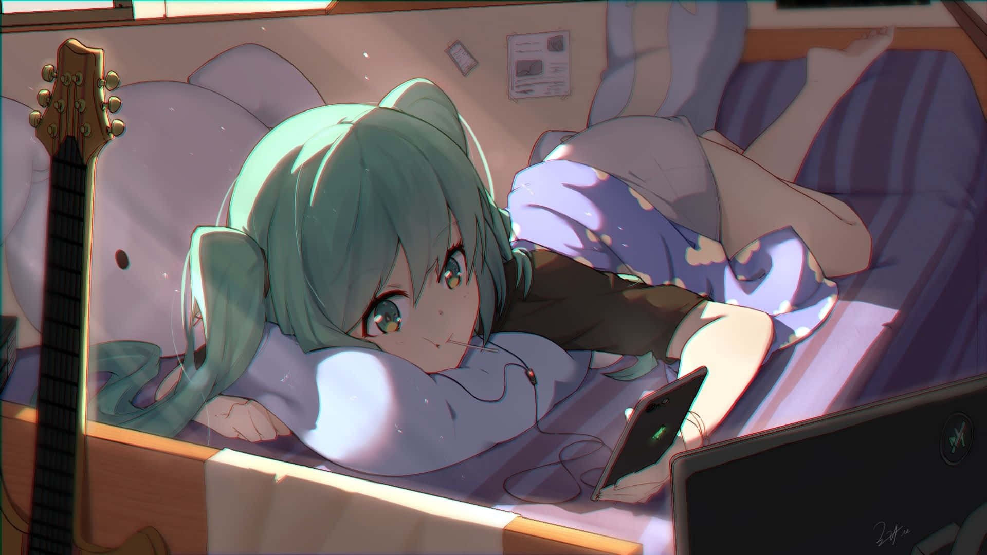 Relaxed Anime Characterwith Guitar Background