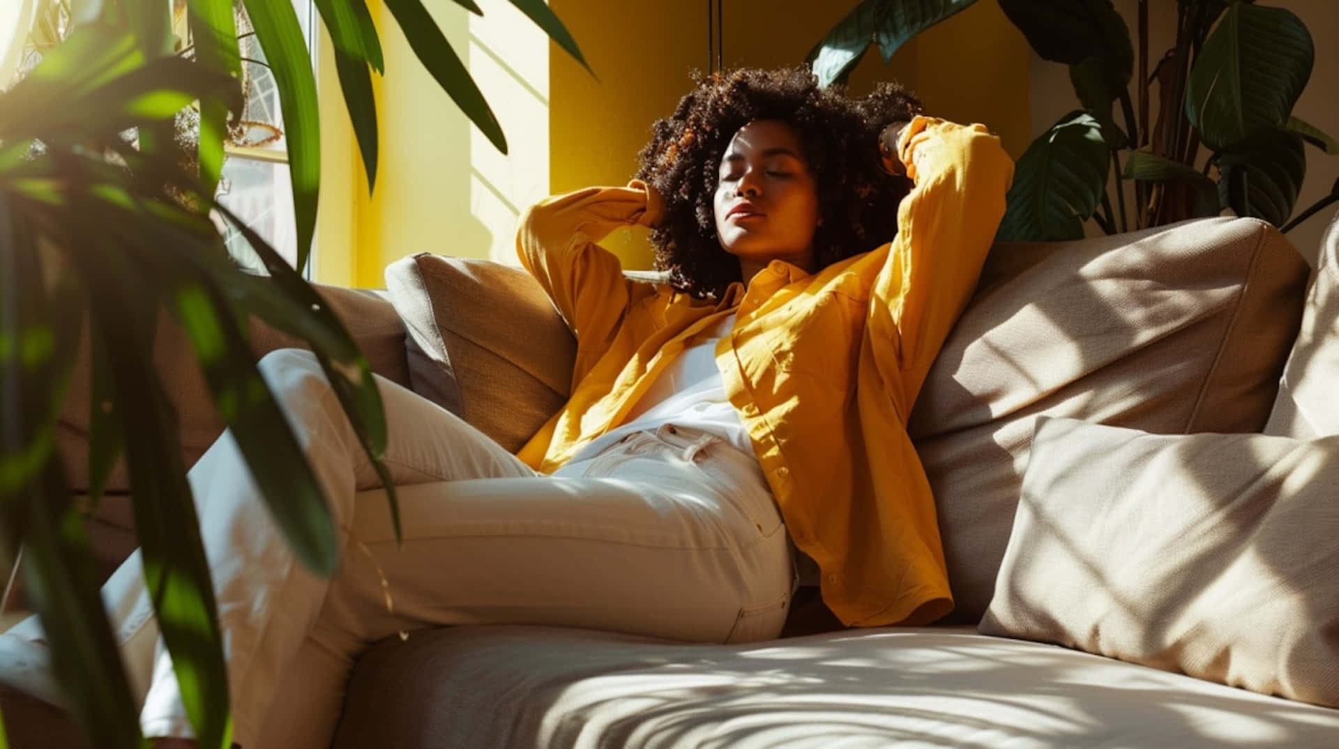 Relaxed Woman Sunlit Couch Background