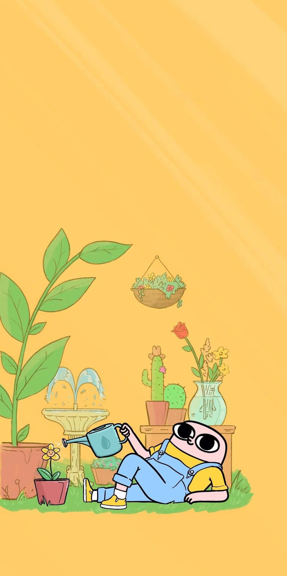 Relaxing Cartoon Character Gardening Mobile Wallpaper Background