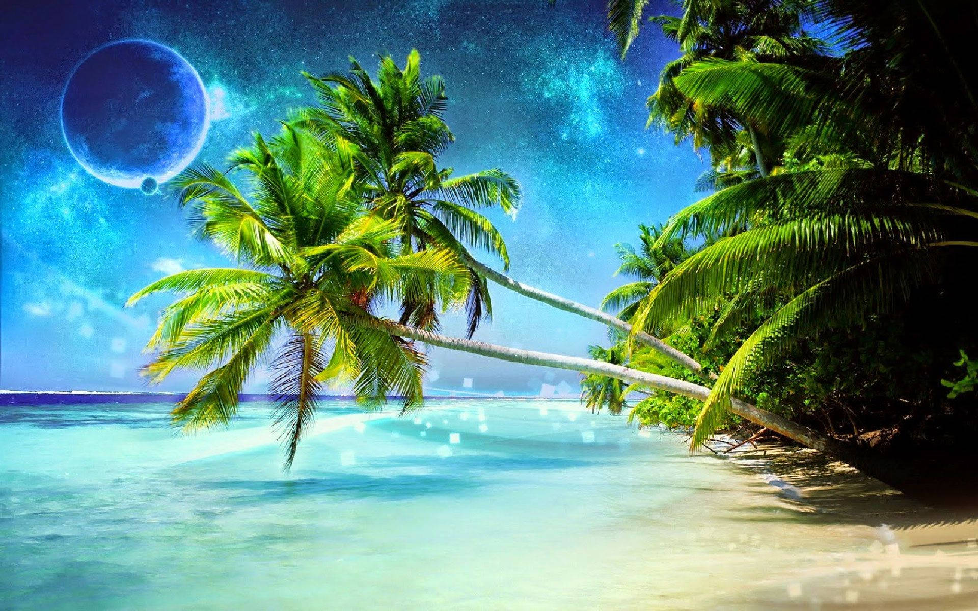 Relaxing On A Sunny Beach Surrounded By 3d Coconut Trees Background