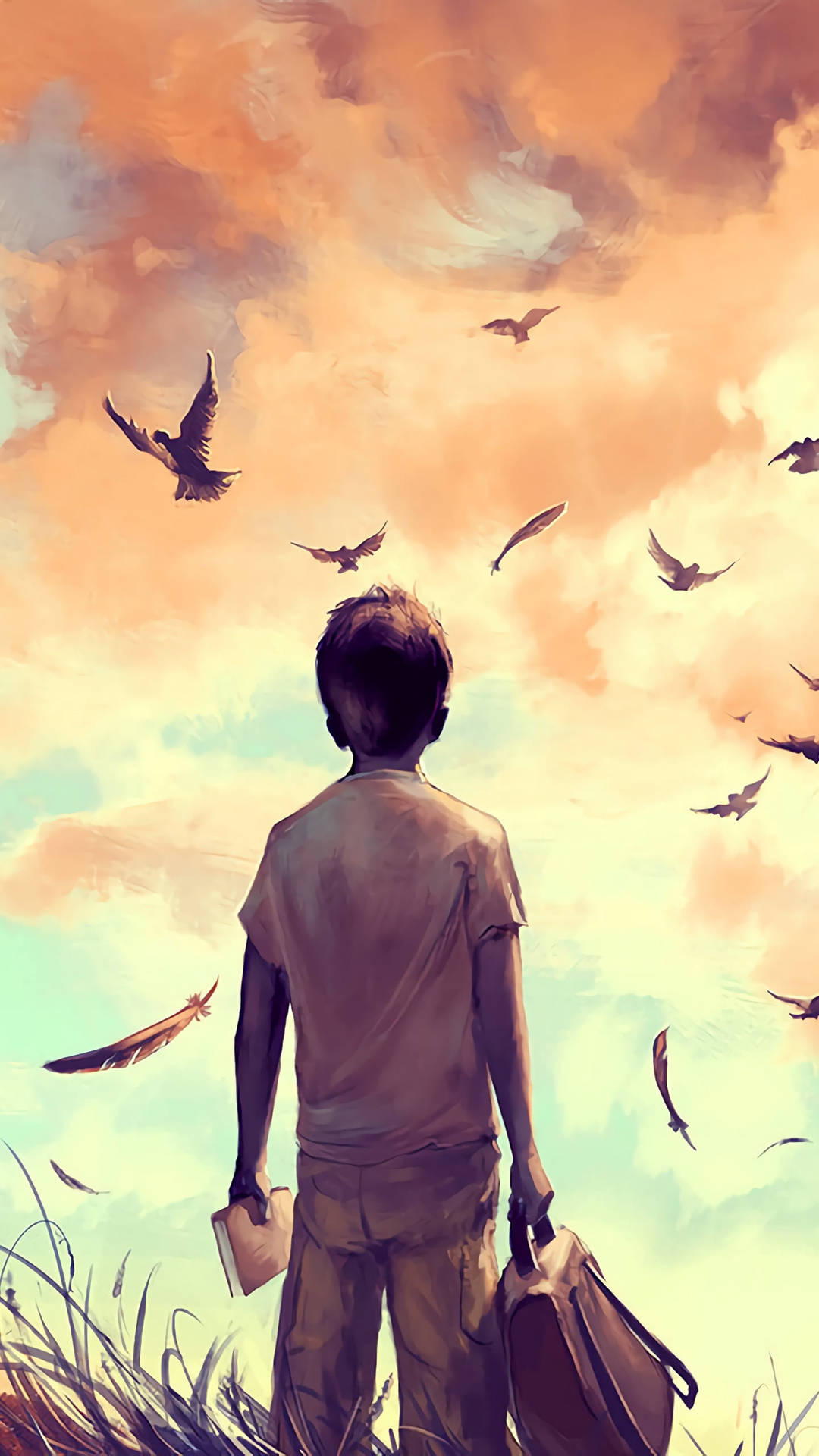 Relieving Sad Boy Cartoon Staring At Sunset Sky Background