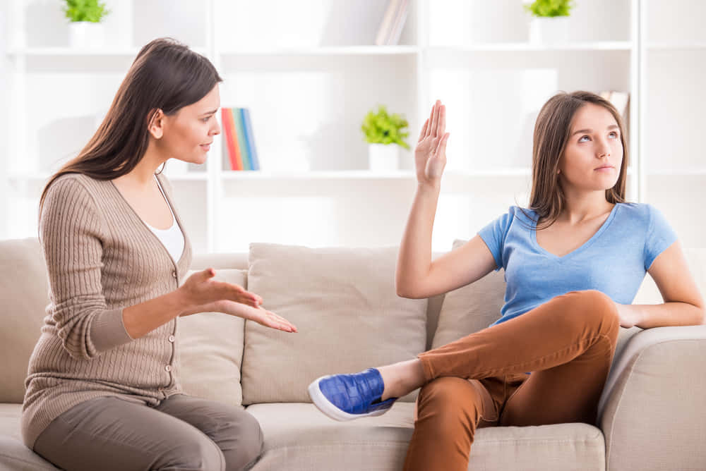 Reluctant Girl Blocking Woman From Talking Background