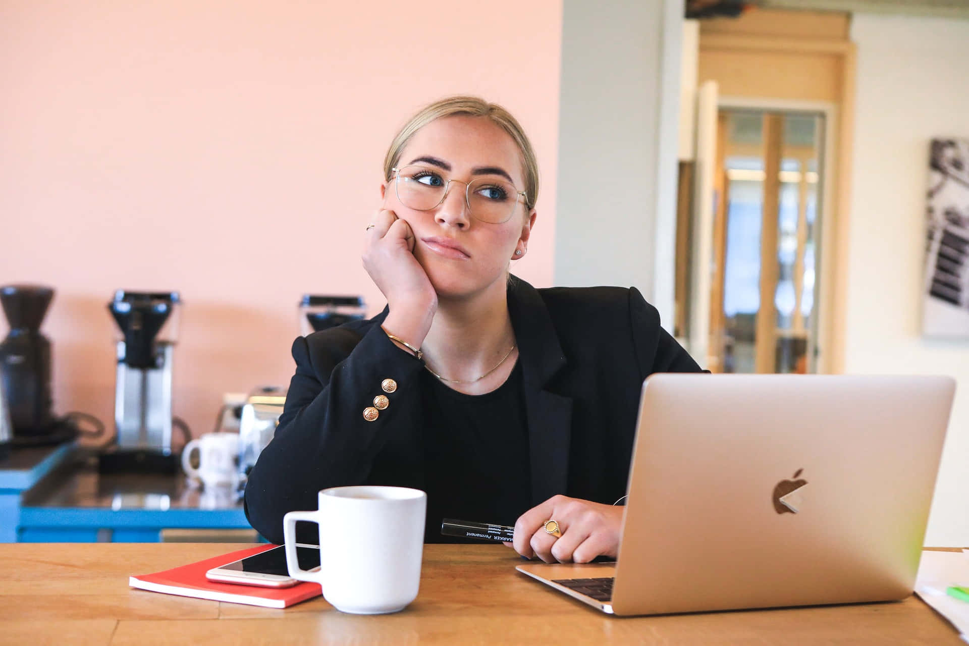 Reluctant Woman Looking Away From Laptop Background