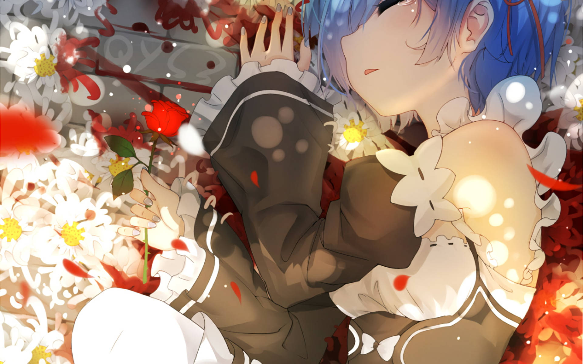 Rem Laying On Flowers Background