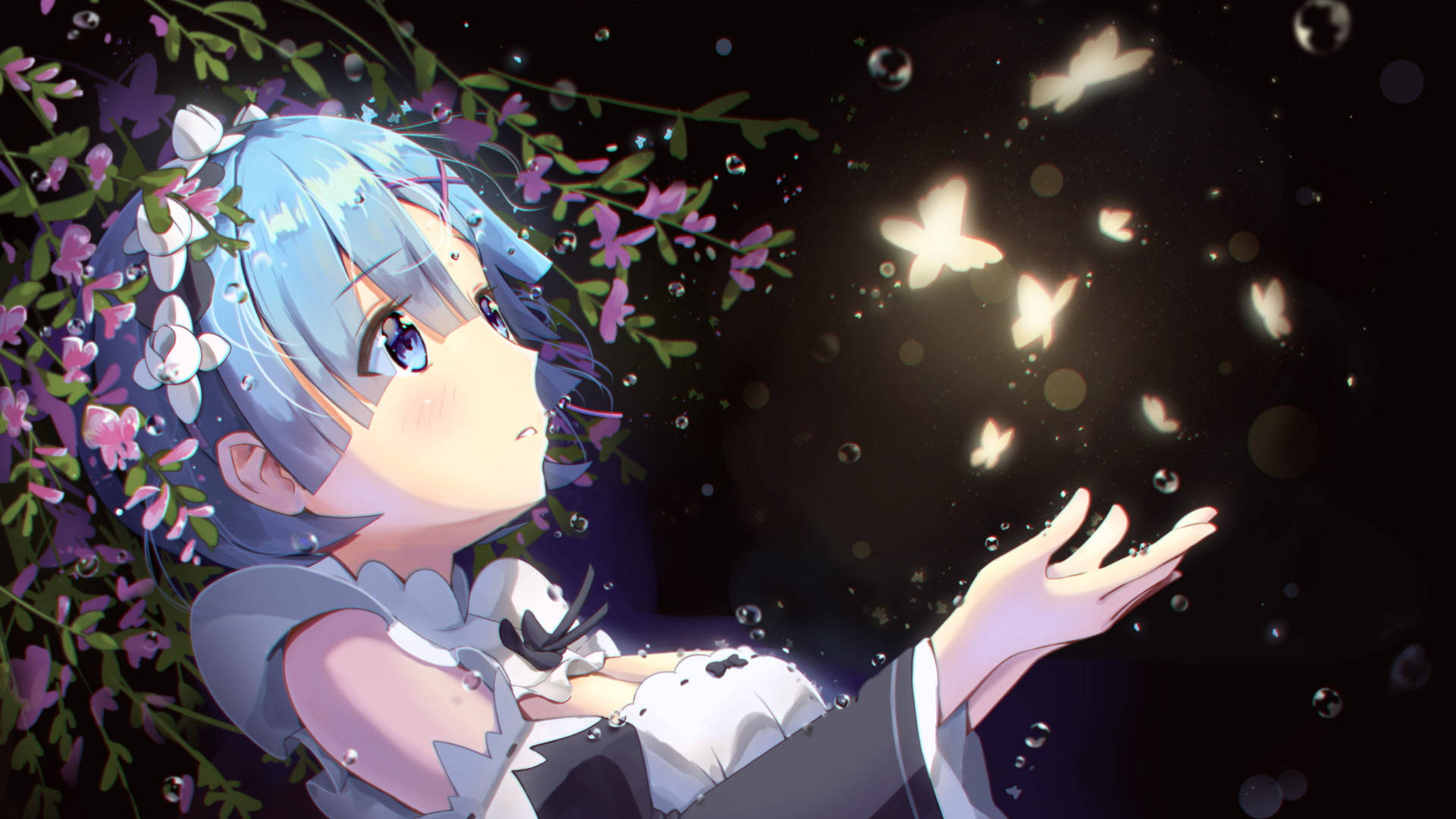 Rem With Glowing Butterflies Background