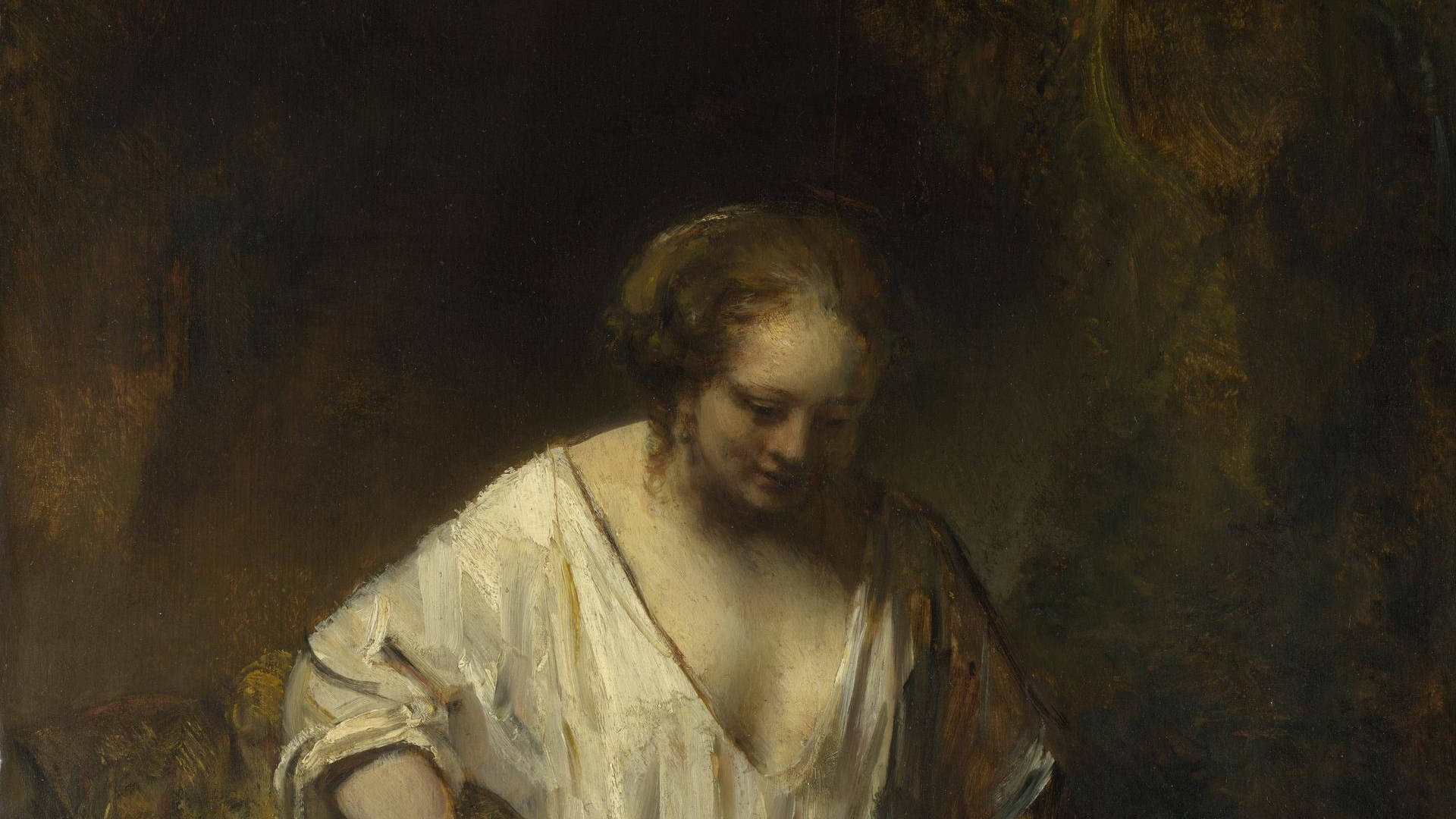 Rembrandt Woman Bathing In Stream Background