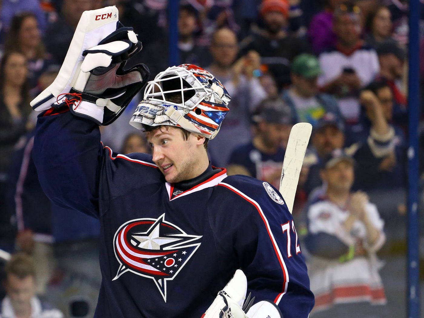 Renowned Nhl Star Sergei Bobrovsky Attentively Guarding The Hockey Goal Background