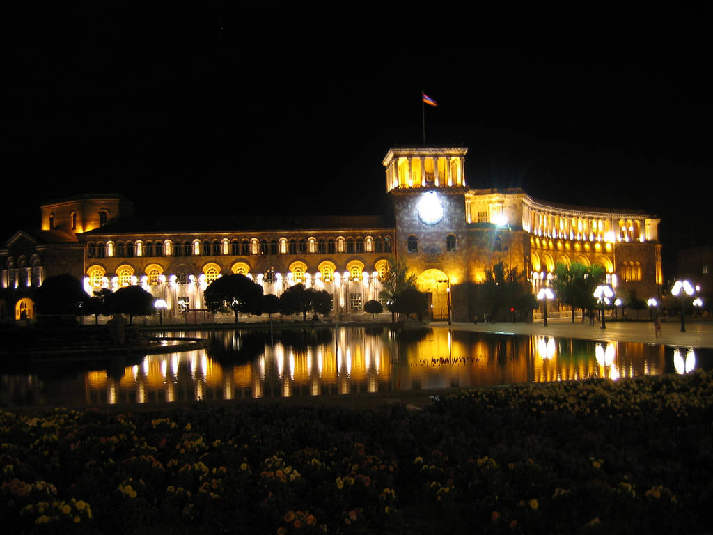 Republic Square In Yerevan At Night Background