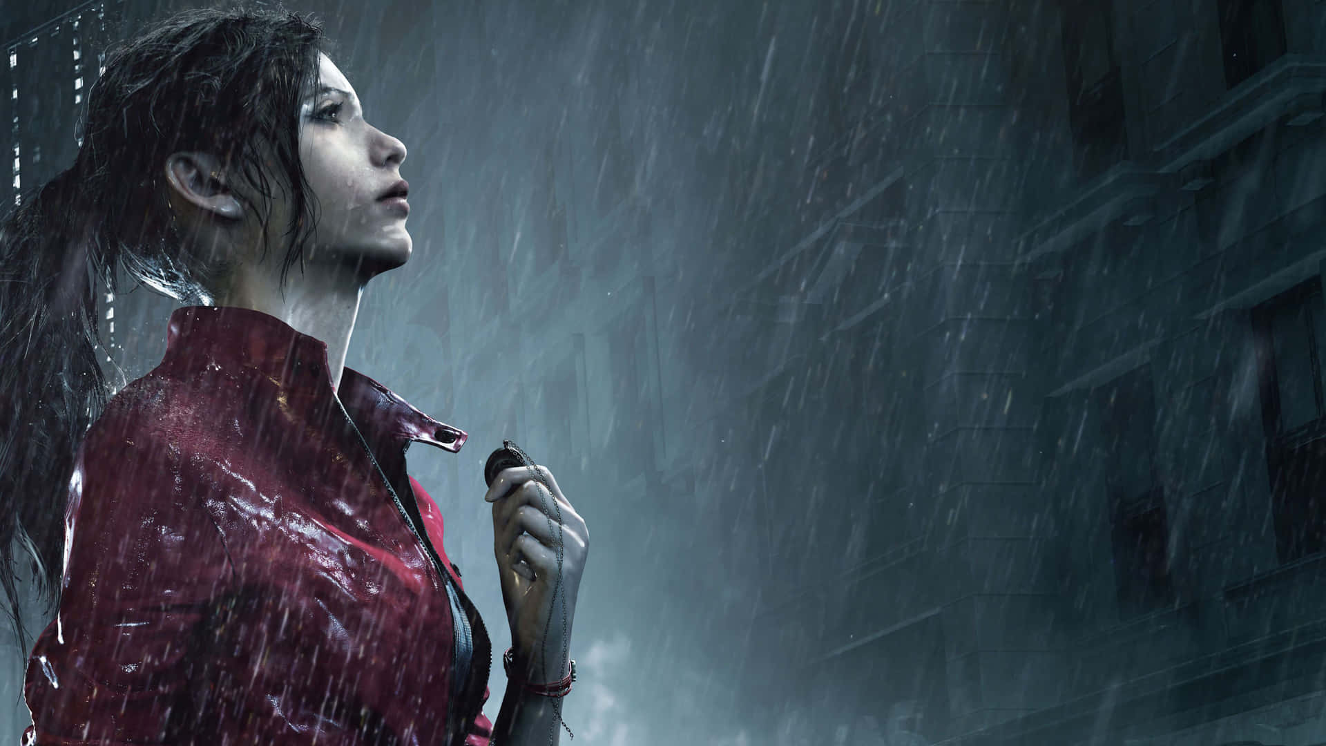 Resident Evil 2 Claire Necklace In The Rain Background