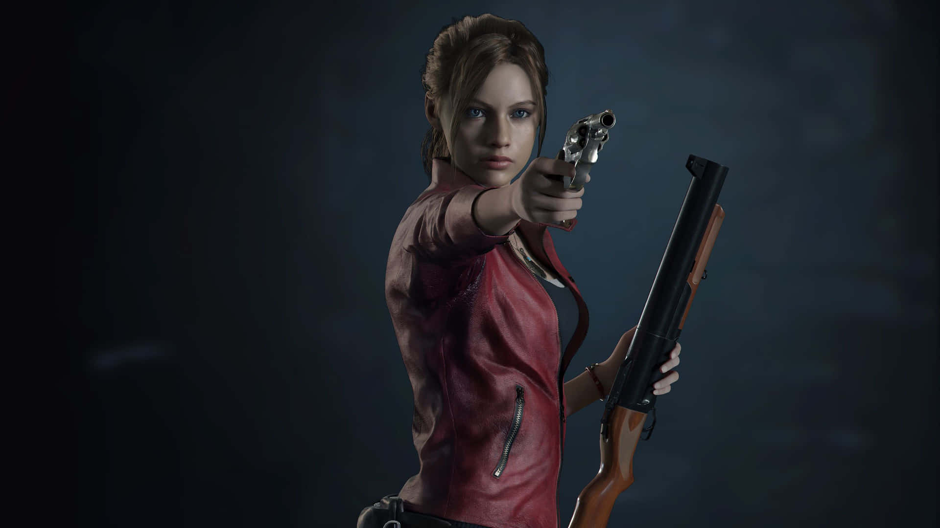 Resident Evil 2 Claire Pointing A Pistol Background